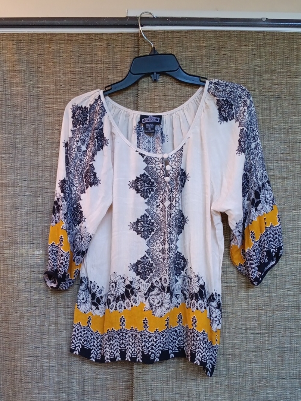 Angie Cream Blouse with Navy Floral and Mustard Trim